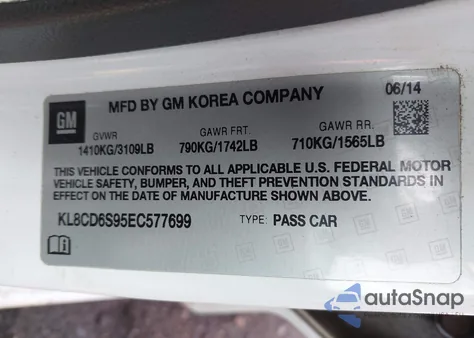 2014 Chevrolet Spark 1Lt Auto from USA, damaged, VIN KL8CD6S95EC577699